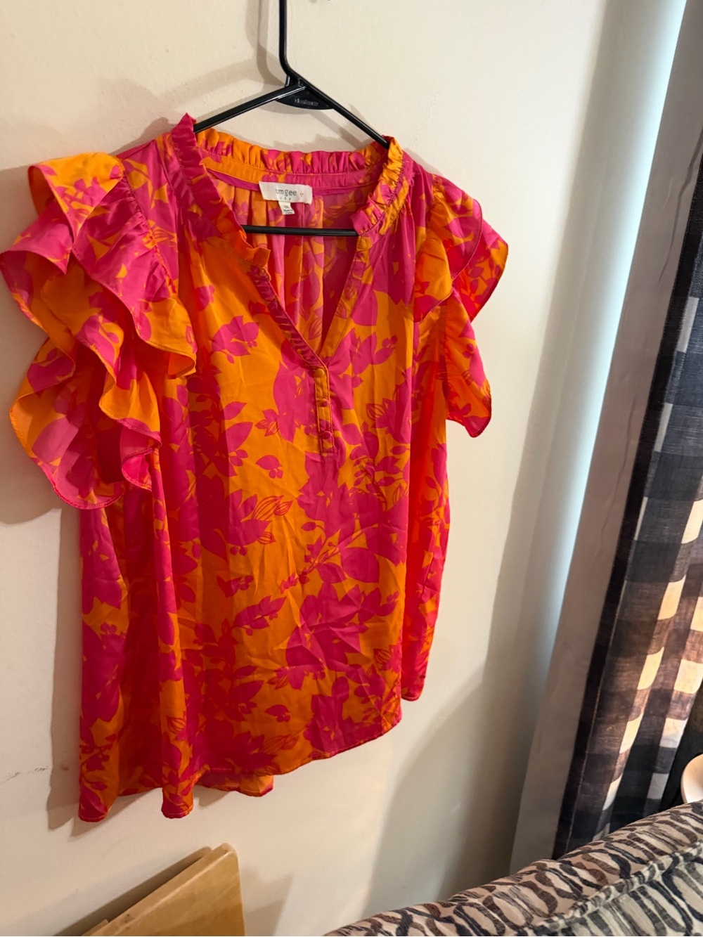 Umgee Size 2xl Pink & Orange Floral Ruffle Sleeve Blouse